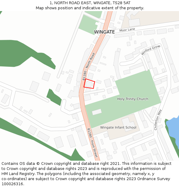 1, NORTH ROAD EAST, WINGATE, TS28 5AT: Location map and indicative extent of plot