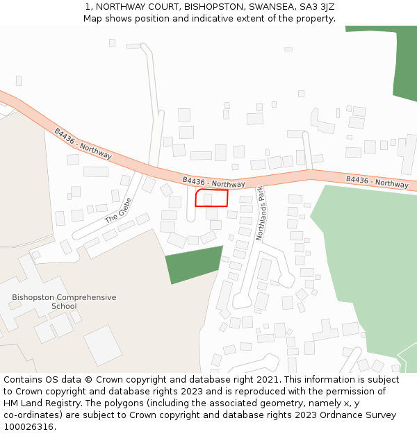 1, NORTHWAY COURT, BISHOPSTON, SWANSEA, SA3 3JZ: Location map and indicative extent of plot