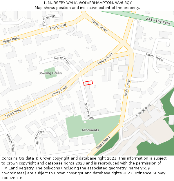 1, NURSERY WALK, WOLVERHAMPTON, WV6 8QY: Location map and indicative extent of plot