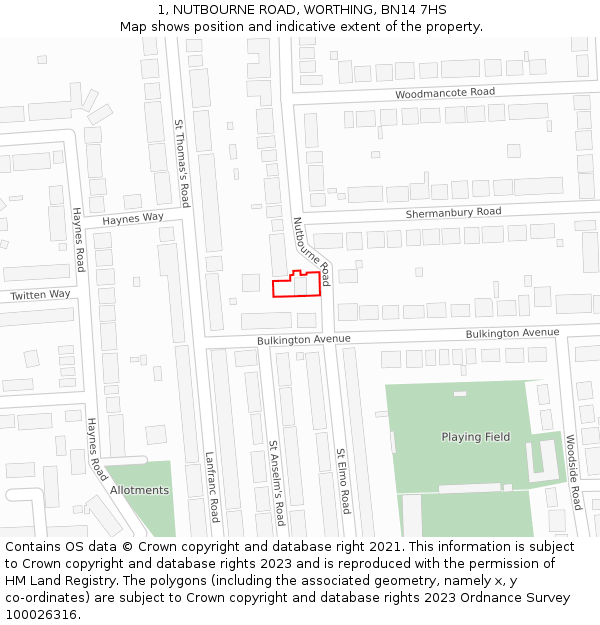 1, NUTBOURNE ROAD, WORTHING, BN14 7HS: Location map and indicative extent of plot