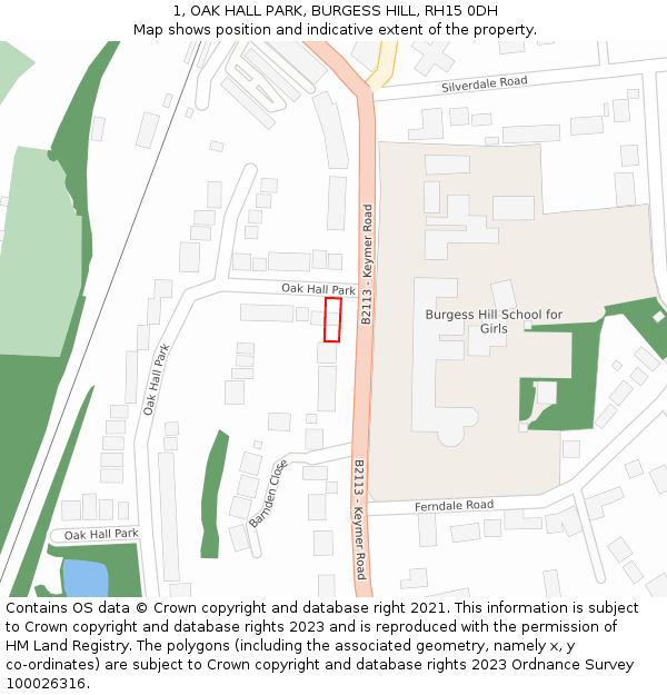 1, OAK HALL PARK, BURGESS HILL, RH15 0DH: Location map and indicative extent of plot