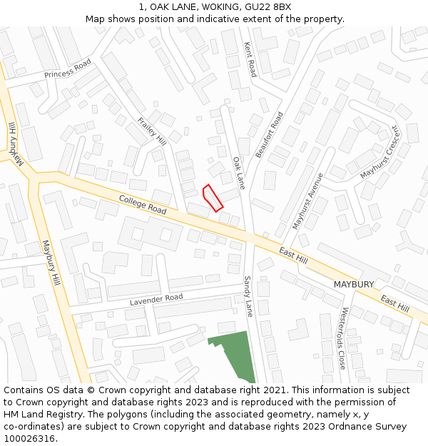 1, OAK LANE, WOKING, GU22 8BX: Location map and indicative extent of plot