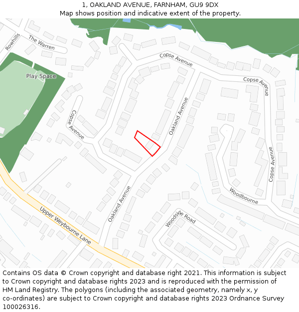 1, OAKLAND AVENUE, FARNHAM, GU9 9DX: Location map and indicative extent of plot