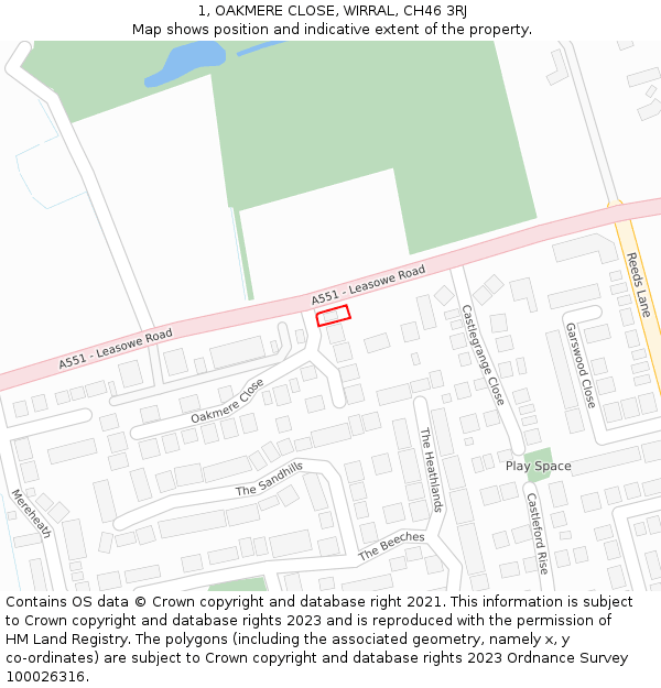 1, OAKMERE CLOSE, WIRRAL, CH46 3RJ: Location map and indicative extent of plot