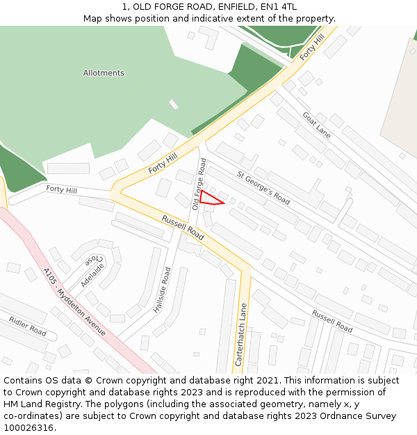 1, OLD FORGE ROAD, ENFIELD, EN1 4TL: Location map and indicative extent of plot