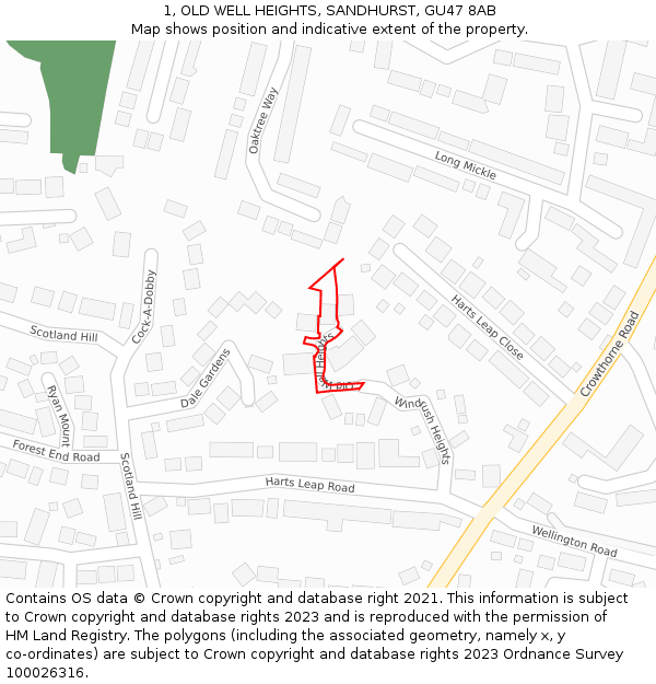 1, OLD WELL HEIGHTS, SANDHURST, GU47 8AB: Location map and indicative extent of plot