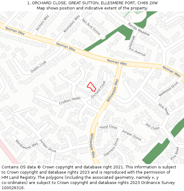 1, ORCHARD CLOSE, GREAT SUTTON, ELLESMERE PORT, CH66 2XW: Location map and indicative extent of plot