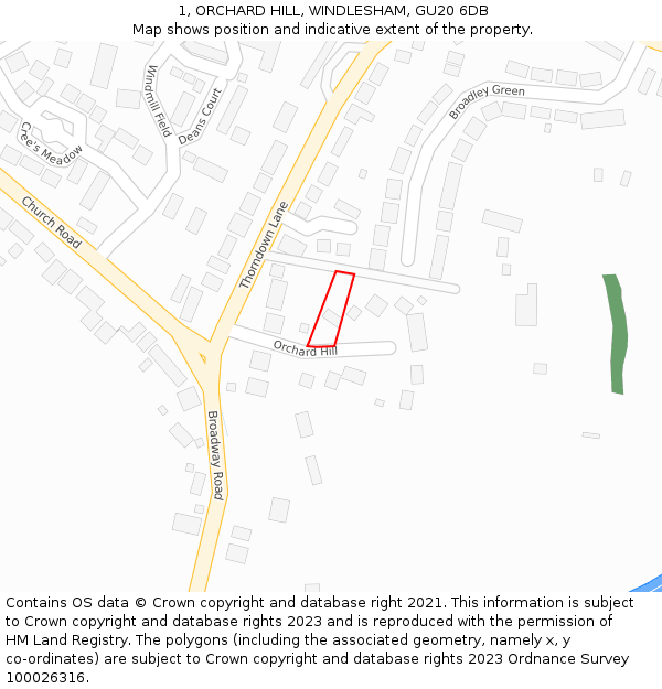 1, ORCHARD HILL, WINDLESHAM, GU20 6DB: Location map and indicative extent of plot