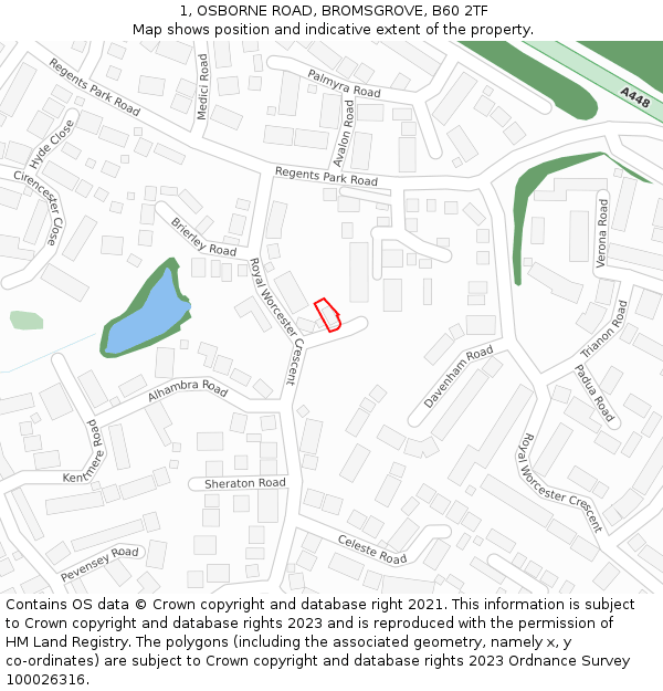 1, OSBORNE ROAD, BROMSGROVE, B60 2TF: Location map and indicative extent of plot