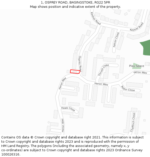 1, OSPREY ROAD, BASINGSTOKE, RG22 5PR: Location map and indicative extent of plot