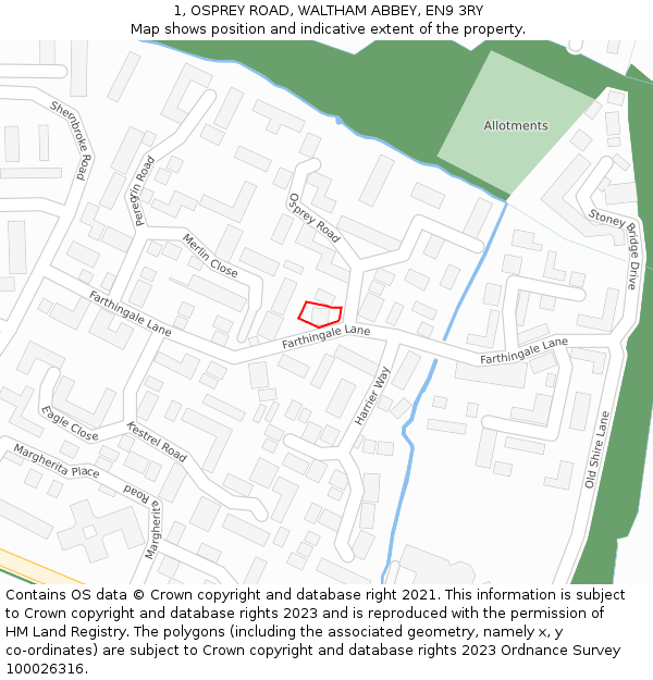 1, OSPREY ROAD, WALTHAM ABBEY, EN9 3RY: Location map and indicative extent of plot