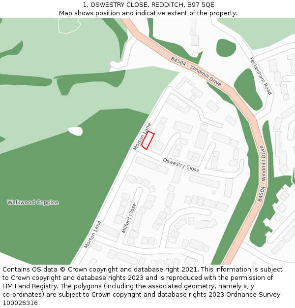 1, OSWESTRY CLOSE, REDDITCH, B97 5QE: Location map and indicative extent of plot