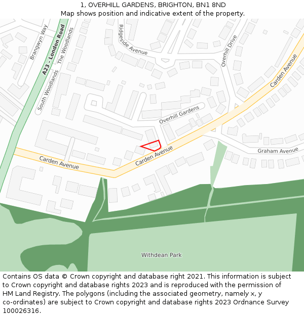 1, OVERHILL GARDENS, BRIGHTON, BN1 8ND: Location map and indicative extent of plot