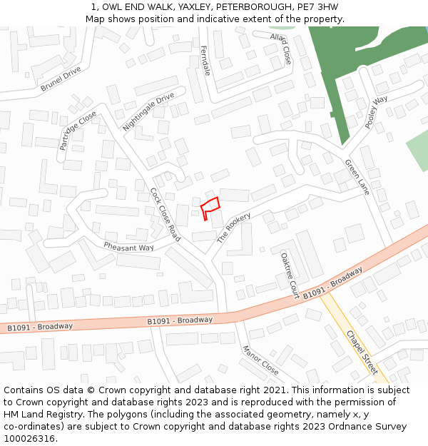 1, OWL END WALK, YAXLEY, PETERBOROUGH, PE7 3HW: Location map and indicative extent of plot