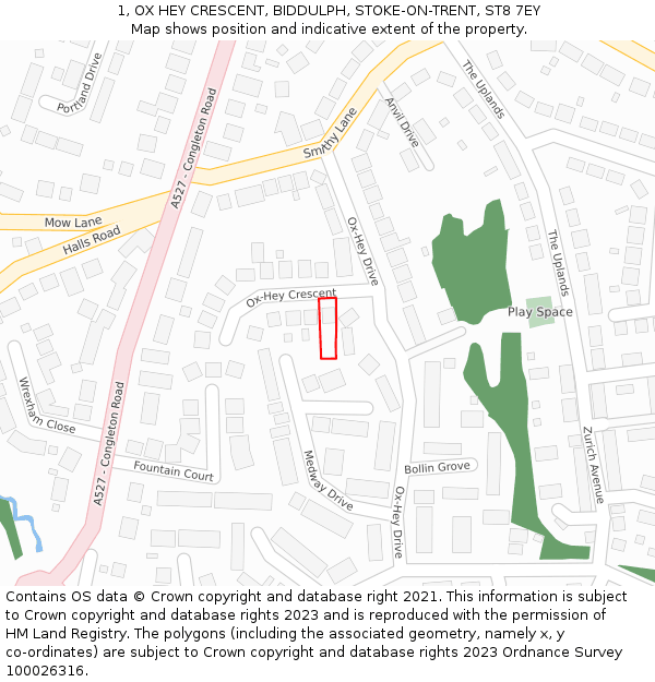 1, OX HEY CRESCENT, BIDDULPH, STOKE-ON-TRENT, ST8 7EY: Location map and indicative extent of plot