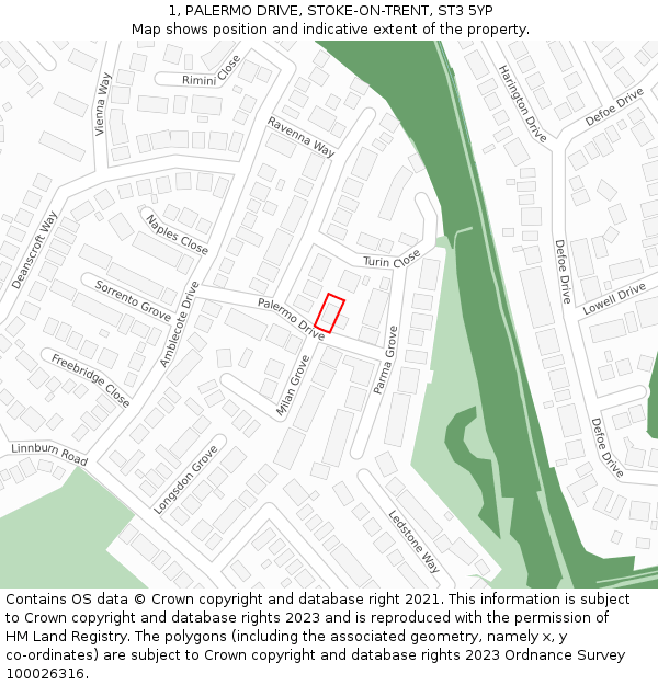 1, PALERMO DRIVE, STOKE-ON-TRENT, ST3 5YP: Location map and indicative extent of plot