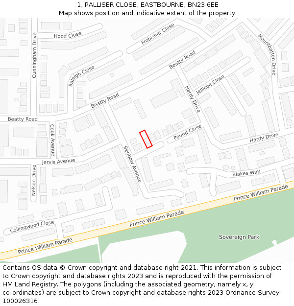 1, PALLISER CLOSE, EASTBOURNE, BN23 6EE: Location map and indicative extent of plot