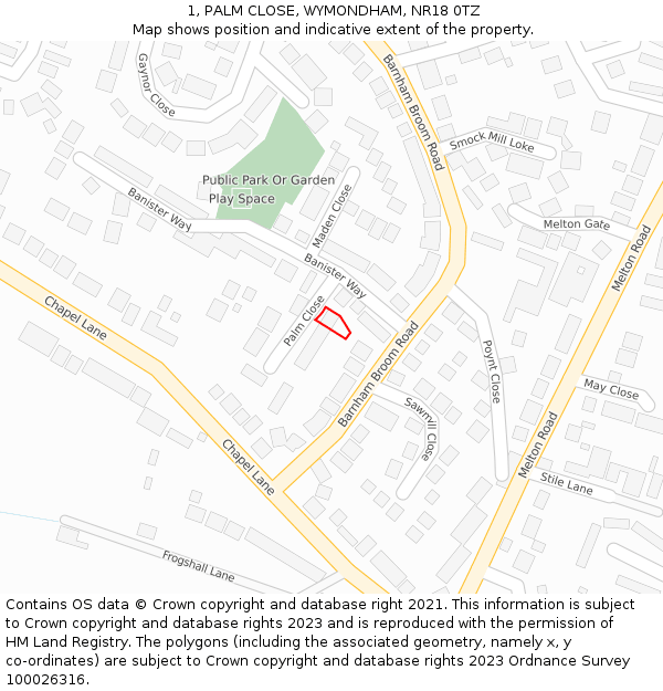 1, PALM CLOSE, WYMONDHAM, NR18 0TZ: Location map and indicative extent of plot