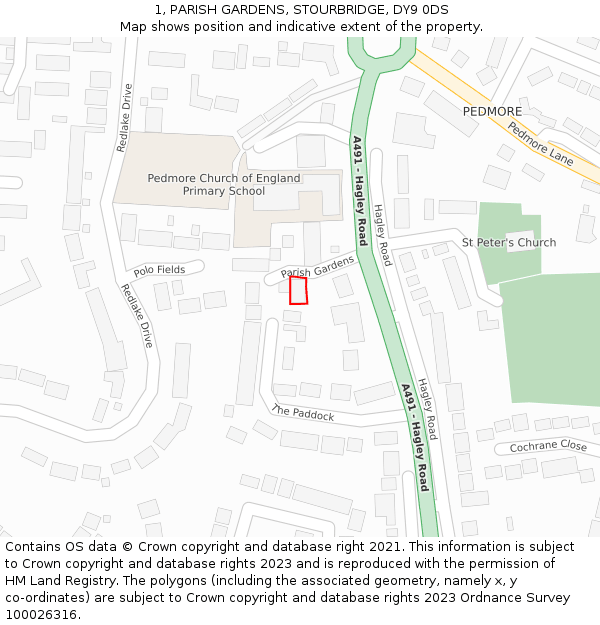1, PARISH GARDENS, STOURBRIDGE, DY9 0DS: Location map and indicative extent of plot