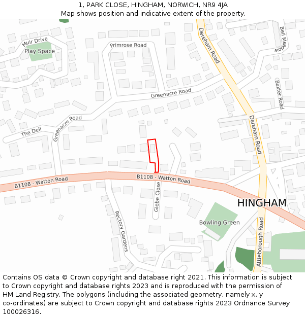 1, PARK CLOSE, HINGHAM, NORWICH, NR9 4JA: Location map and indicative extent of plot