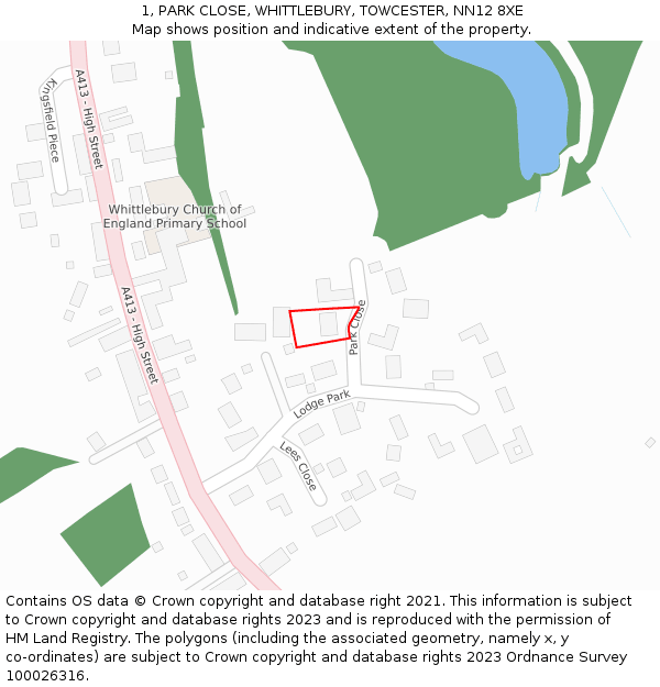 1, PARK CLOSE, WHITTLEBURY, TOWCESTER, NN12 8XE: Location map and indicative extent of plot