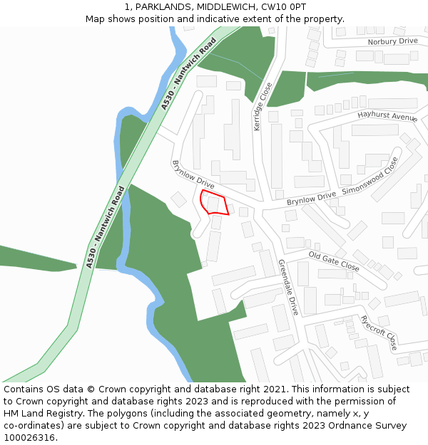 1, PARKLANDS, MIDDLEWICH, CW10 0PT: Location map and indicative extent of plot