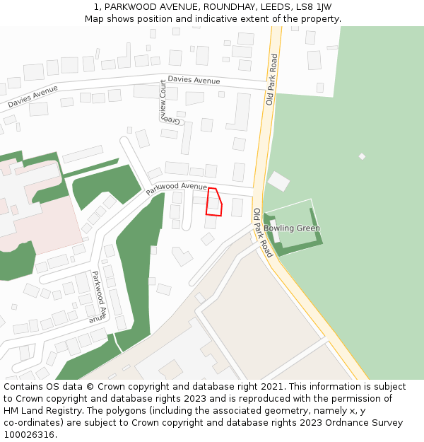 1, PARKWOOD AVENUE, ROUNDHAY, LEEDS, LS8 1JW: Location map and indicative extent of plot