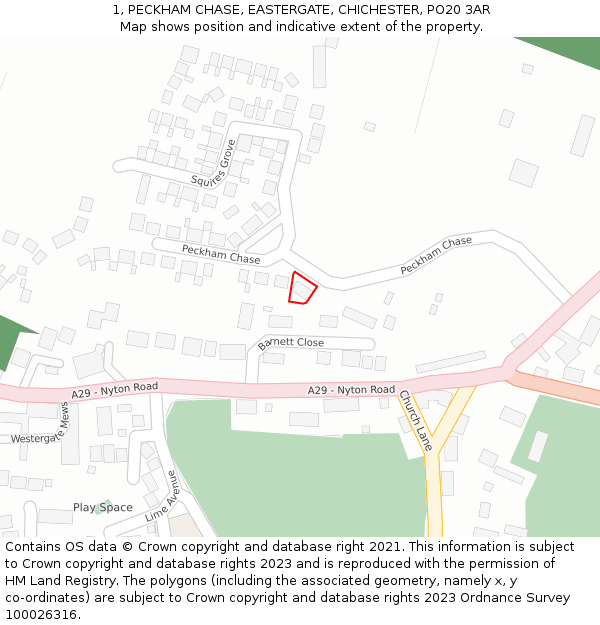 1, PECKHAM CHASE, EASTERGATE, CHICHESTER, PO20 3AR: Location map and indicative extent of plot