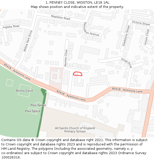 1, PENNEY CLOSE, WIGSTON, LE18 1AL: Location map and indicative extent of plot