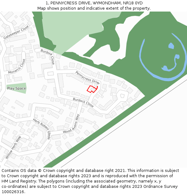 1, PENNYCRESS DRIVE, WYMONDHAM, NR18 0YD: Location map and indicative extent of plot