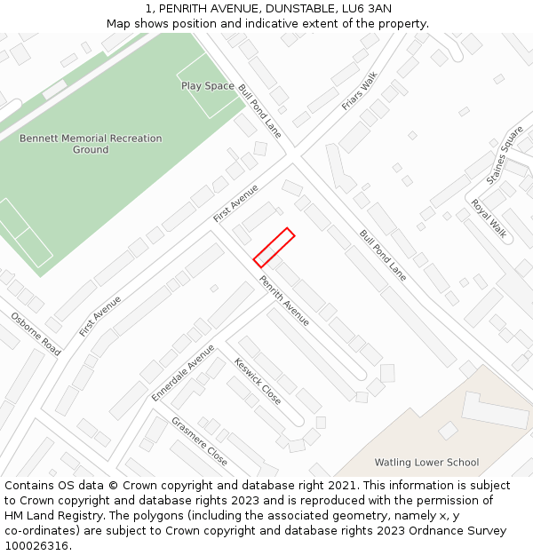 1, PENRITH AVENUE, DUNSTABLE, LU6 3AN: Location map and indicative extent of plot