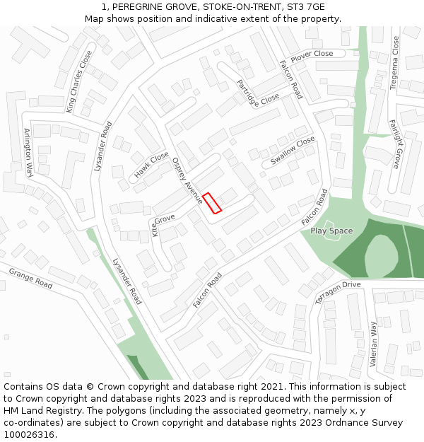 1, PEREGRINE GROVE, STOKE-ON-TRENT, ST3 7GE: Location map and indicative extent of plot