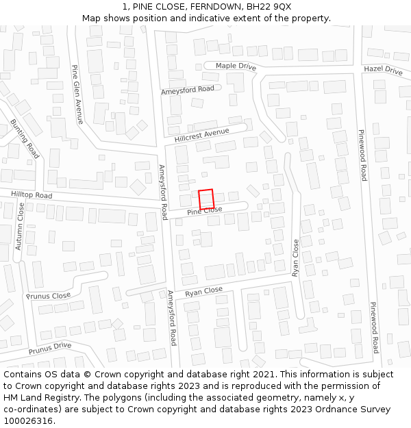 1, PINE CLOSE, FERNDOWN, BH22 9QX: Location map and indicative extent of plot