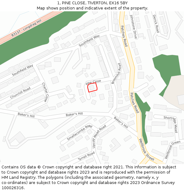 1, PINE CLOSE, TIVERTON, EX16 5BY: Location map and indicative extent of plot