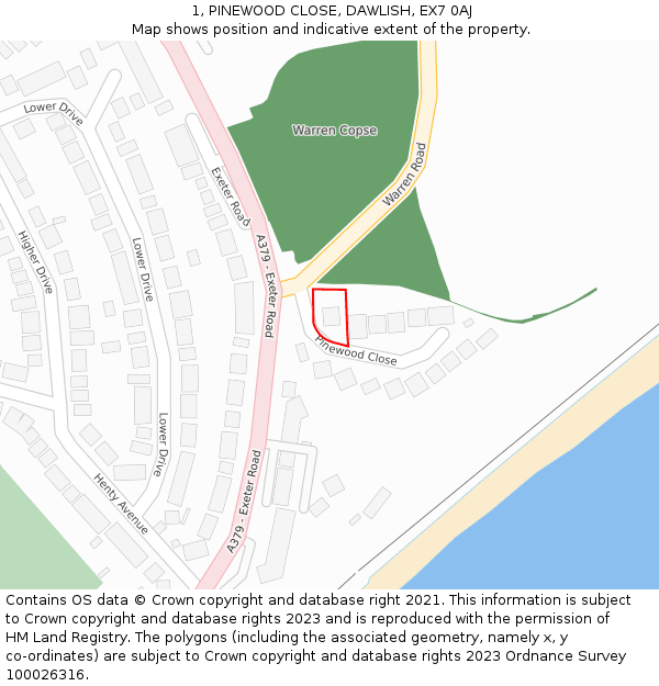 1, PINEWOOD CLOSE, DAWLISH, EX7 0AJ: Location map and indicative extent of plot