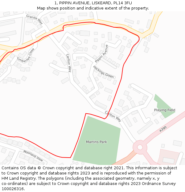 1, PIPPIN AVENUE, LISKEARD, PL14 3FU: Location map and indicative extent of plot