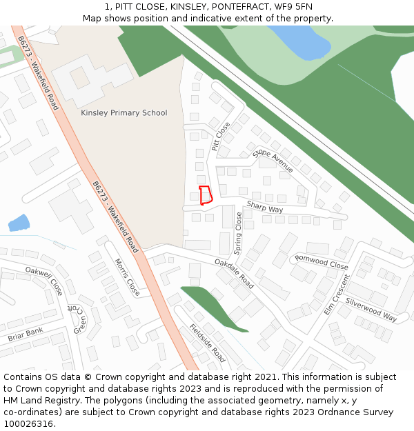 1, PITT CLOSE, KINSLEY, PONTEFRACT, WF9 5FN: Location map and indicative extent of plot