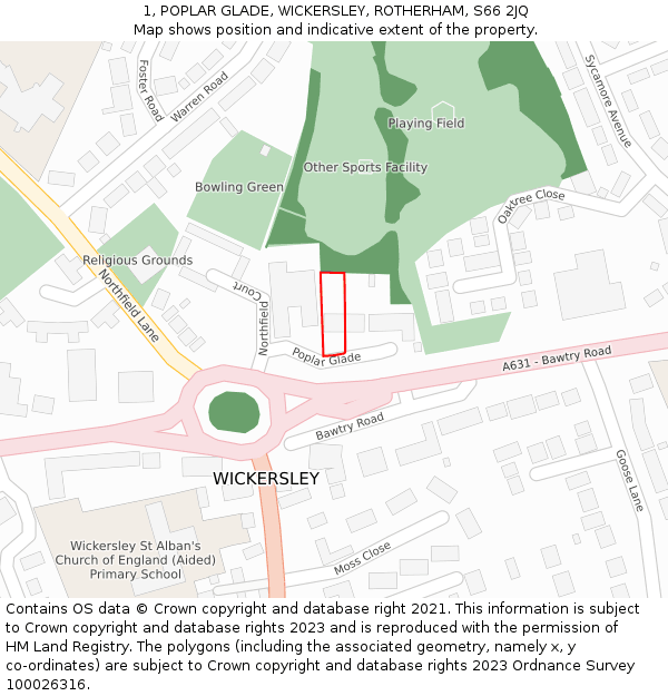 1, POPLAR GLADE, WICKERSLEY, ROTHERHAM, S66 2JQ: Location map and indicative extent of plot