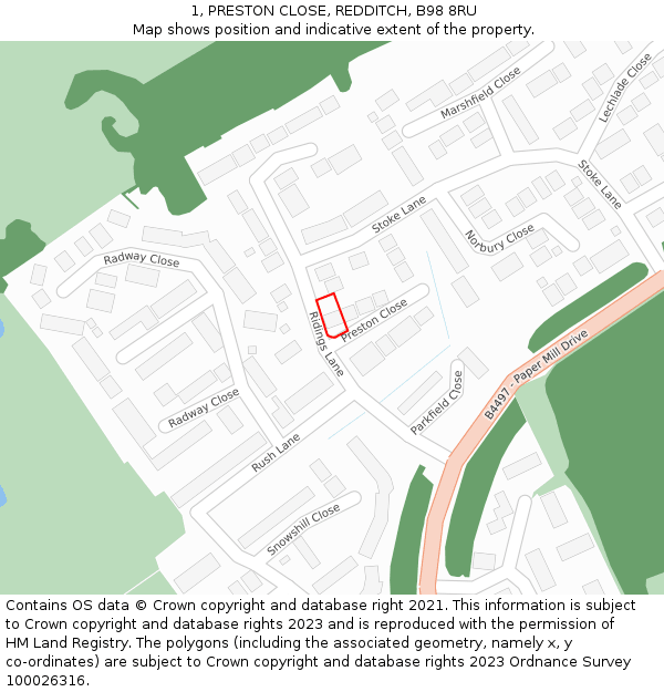 1, PRESTON CLOSE, REDDITCH, B98 8RU: Location map and indicative extent of plot