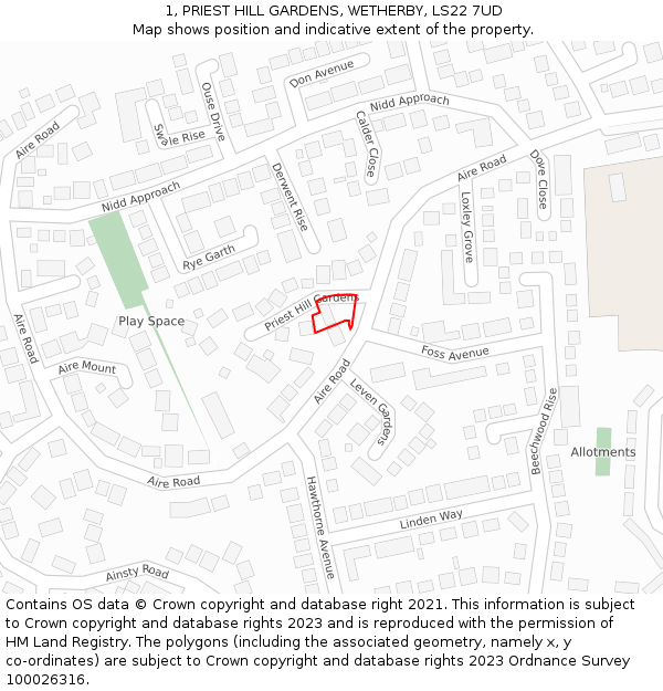 1, PRIEST HILL GARDENS, WETHERBY, LS22 7UD: Location map and indicative extent of plot