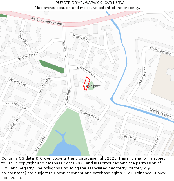 1, PURSER DRIVE, WARWICK, CV34 6BW: Location map and indicative extent of plot