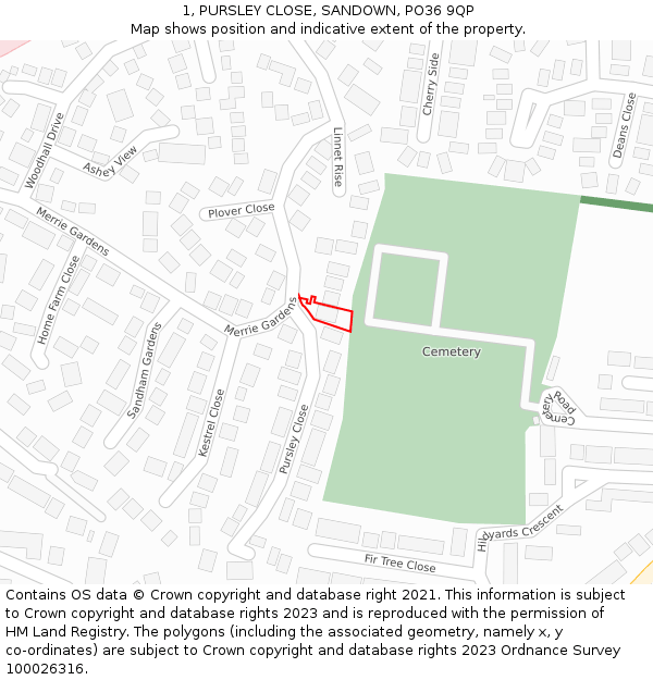 1, PURSLEY CLOSE, SANDOWN, PO36 9QP: Location map and indicative extent of plot