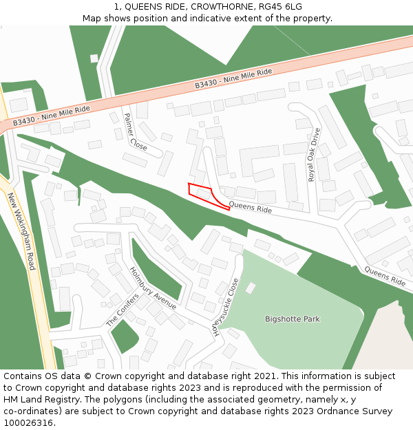 1, QUEENS RIDE, CROWTHORNE, RG45 6LG: Location map and indicative extent of plot