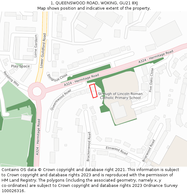 1, QUEENSWOOD ROAD, WOKING, GU21 8XJ: Location map and indicative extent of plot