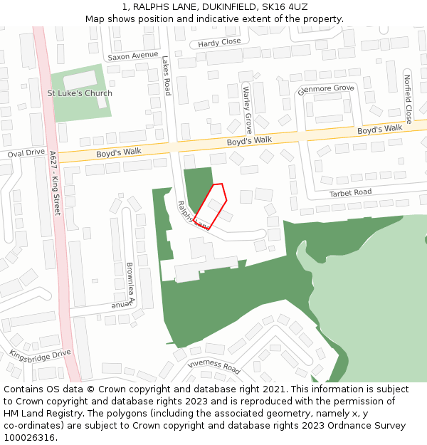 1, RALPHS LANE, DUKINFIELD, SK16 4UZ: Location map and indicative extent of plot