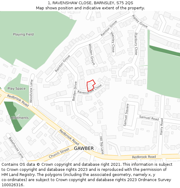 1, RAVENSHAW CLOSE, BARNSLEY, S75 2QS: Location map and indicative extent of plot