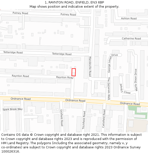 1, RAYNTON ROAD, ENFIELD, EN3 6BP: Location map and indicative extent of plot