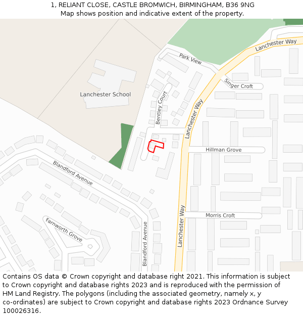 1, RELIANT CLOSE, CASTLE BROMWICH, BIRMINGHAM, B36 9NG: Location map and indicative extent of plot