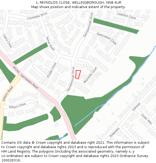 1, REYNOLDS CLOSE, WELLINGBOROUGH, NN8 4UR: Location map and indicative extent of plot