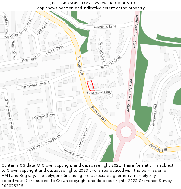 1, RICHARDSON CLOSE, WARWICK, CV34 5HD: Location map and indicative extent of plot